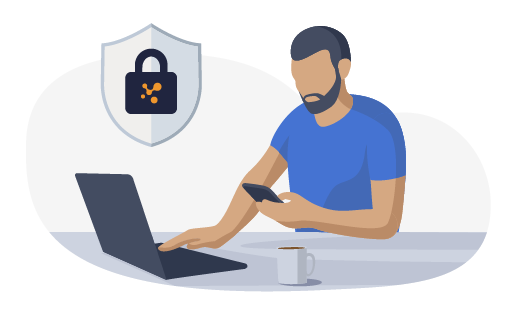 En illustration af en mand, der sidder med en telefon i hånden ved en computer